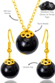 Sertifikalı Gold Küre Model Siyah Obsidyen Taşı Kolye ve Küpe Seti - Gümüş Aparatlı-min - 1