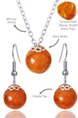 Sertifikalı Küre Orijinal Turuncu Akik Taşı Kolye ve Küpe Seti - Gümüş Aparatlı - 1