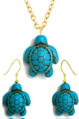 Sertifikalı Gold Kaplumbağa Model Gerçek Firuze Taşı Kolye ve Küpe Seti thumbnail 1