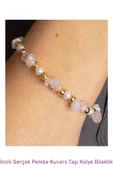 Sertifikalı İncili Pembe Kuvars Taşlı Doğal Taş Kolye Bileklik Seti - 3