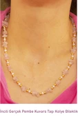 Sertifikalı İncili Pembe Kuvars Taşlı Doğal Taş Kolye Bileklik Seti - 2