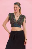 Derin V Yaka Dekolte Desenli Yazlık Bluz - 3