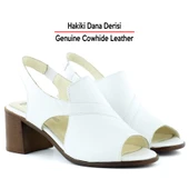 Erkan Saçmacı Saules Beyaz Hakiki Dana Derisi Kesik Detaylı Lastik Bantlı Kalın Topuklu Sandalet - 3