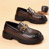 Erkek Deri Derby Ayakkabı - Kalın Tabanlı - Dokuma Desenli (Siyah) thumbnail 7