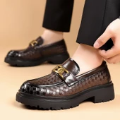 Erkek Deri Derby Ayakkabı - Kalın Tabanlı - Dokuma Desenli (Siyah) thumbnail 5