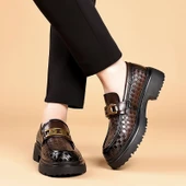 Erkek Deri Derby Ayakkabı - Kalın Tabanlı - Dokuma Desenli (Siyah) thumbnail 11