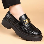 Erkek Deri Derby Ayakkabı - Kalın Tabanlı - Dokuma Desenli (Siyah) thumbnail 10