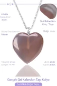 Sertifikalı Gerçek Kalp Model Gri Kalsedon Taşı Kolye thumbnail 1