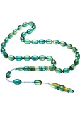 Sistemli Beyzi Kesim Turkuaz Şeffaf Renkli Usta Işcilikli Ateş Kehribar Tesbih thumbnail 5