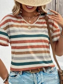 Kadın kısa kollu v yaka çizgili süprem t-shirt - 1