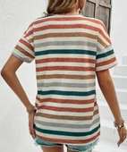 Kadın kısa kollu v yaka çizgili süprem t-shirt - 3