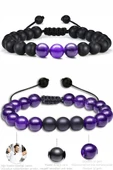 Sertifikalı Doğal Mor Akik Oniks Taşı Doğal Taş Bileklik Seti thumbnail 2