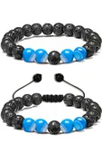 Sertifikalı Doğal Mavi Akik Volkanik Lav Taşı Doğal Taş Bileklik Seti thumbnail 1