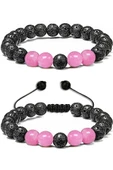 Sertifikalı Doğal Pembe Kuvars Volkanik Lav Taşı Doğal Taş Bileklik Seti thumbnail 1