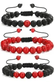 Sertifikalı Gerçek Kırmızı Havlit Oniks Lav Taşı Üçlü Bileklik Seti thumbnail 1