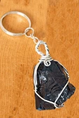 Sertifikalı Gümüş Ham Siyah Obsidyen Taşı Anahtarlık - Tel Sargılı - 1