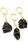 Sertifikalı Gold Siyah Obsidyen Taşı Anahtarlık - Tel Sargılı - 2