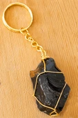 Sertifikalı Gold Siyah Obsidyen Taşı Anahtarlık - Tel Sargılı - 1