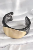 Siyah Mermer Desen Akrilik Plastik Gold Oval Plaka Model Vintage Kadın Bilezik - TJ-BB6683 - 2