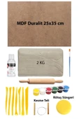 Beyaz Seramik Hamuru 2 kg Kil 25x35 Duralit Ebeşuar Seti 6x15 ml Akrilik Set Vernik Ahşap Merdane - 1