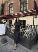 Lucky Life Kadın Yumuşak Dokulu Kumaş Bisiklet Yaka Kısa Kollu Kuşaklı Uzun Elbise - Füme - 4