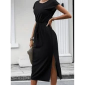 Lucky Life Kadın Kısa Kollu Yakası Açık Belden Kuşaklı Yandan Yırtmaçlı Midi Viskon Elbise - 2