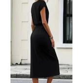 Lucky Life Kadın Kısa Kollu Yakası Açık Belden Kuşaklı Yandan Yırtmaçlı Midi Viskon Elbise - 3