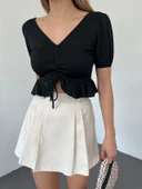 Pelin Kadın Siyah Sırtı Açık İpli Kısa Kollu Crop Bluz PELIN-5714 - 1