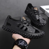 Erkek Yazlık El Yapımı Deri Sandalet (Siyah) thumbnail 1