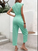 Su Yeşili Keten Kadın V Yaka Tek Sıra Düğmeli Kolsuz Tulum thumbnail 2