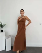 Keten Uzun Yırtmaçlı Helen Elbise - 3