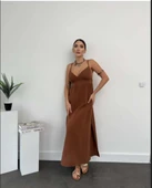 Keten Uzun Yırtmaçlı Helen Elbise - 2