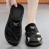 Erkek El Yapımı Deri Dikişli Plaj Sandalet Terlik (Siyah) thumbnail 1