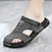 Erkek El Yapımı Deri Dikişli Plaj Sandalet Terlik (Siyah) thumbnail 5