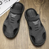 Erkek El Yapımı Deri Dikişli Plaj Sandalet Terlik (Siyah) thumbnail 2