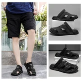 Erkek El Yapımı Deri Dikişli Plaj Sandalet Terlik (Siyah) thumbnail 11