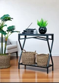 DEKORATİF METAL DRESUAR SİYAH AHŞAP RAFLI STAND ÇOK AMAÇLI SALON VE HOL RAFI - 7