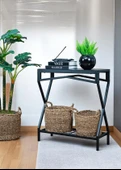 DEKORATİF METAL DRESUAR SİYAH AHŞAP RAFLI STAND ÇOK AMAÇLI SALON VE HOL RAFI - 2