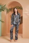 Pjs 27073 Kadın Özel Kutulu Saten Önden Düğmeli Uzun Kollu Pijama Takım - 1