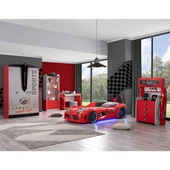 Çocuk Odası - Audi Koltuklu Arabalı Yatak - Sport 3 Kapılı Dolap, Masa, Şifonyer, Kitaplık- Kırmızı - 1