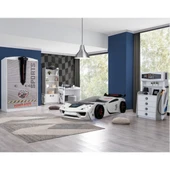 Çocuk Odası - Vento Arabalı Yatak - Sport 3 Kapılı Dolap, Masa, Şifonyer, Kitaplık - Beyaz - 1