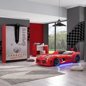 Çocuk Odası - Audi Koltuklu Arabalı Yatak - Sport 3 Kapılı Dolap, Masa - Kırmızı - 1