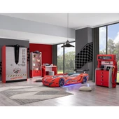 Çocuk Odası - Mercedes Arabalı Yatak - Sport 3 Kapılı Dolap, Masa, Şifonyer, Kitaplık - Kırmızı - 1