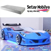 Arabalı Yatak, Jaguar Rüzgarlıklı Full Ledli Arabalı Yatak - Mavi 1 Adet Comfort Yatak - 1