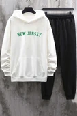 Kapuşonlu Beyaz New Jersey Eşofman Takımı Oversize thumbnail 1