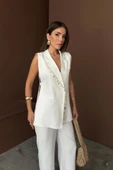 YAKA MİDYE KABUĞU SIRALI YELEK - PANTOLONTAKIM KETEN KUMAŞ - Beyaz - 2