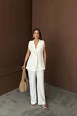 YAKA MİDYE KABUĞU SIRALI YELEK - PANTOLONTAKIM KETEN KUMAŞ - Beyaz - 4
