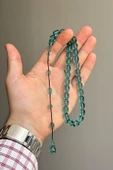 9/8 MM Usta İşçilik Su Yeşili Ateş Kehribar Tesbih - 3