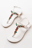 152-1110 Beyaz Multi Taşlı Parmak Arası Kadın Sandalet thumbnail 2