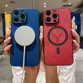 iPhone 13 Pro Max Deri Desen Manyetik Araç Tutucu Kılıf - Mavi - 6